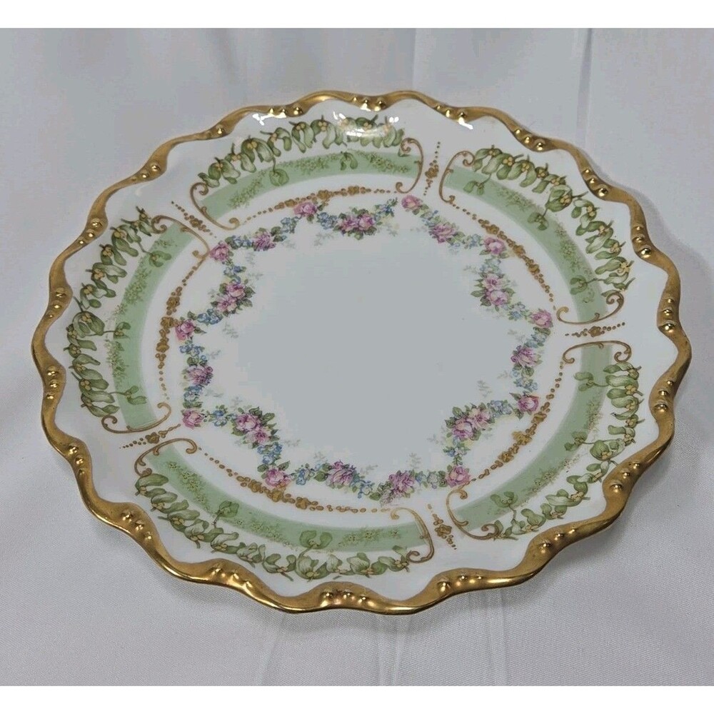 ANTIQUE LIMOGES HAND PAINTED PLATE RAISED GOLD MORIAGE PINK ROSE FLOWER GARLAND